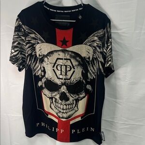 Philipp Plein Black Tee with Silver Skull, Wings and Red Stripe